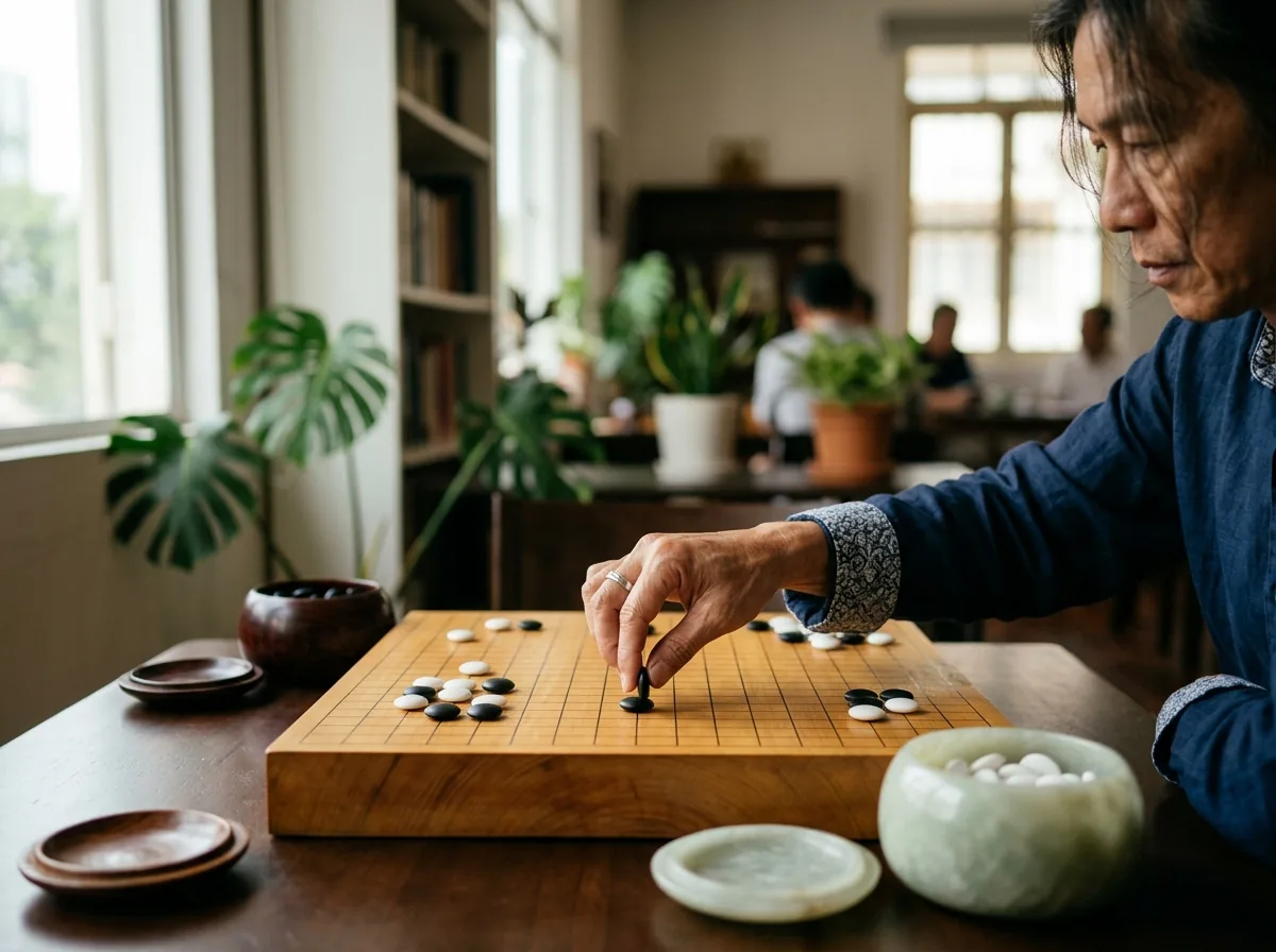 Player concentrating while placing a black stone