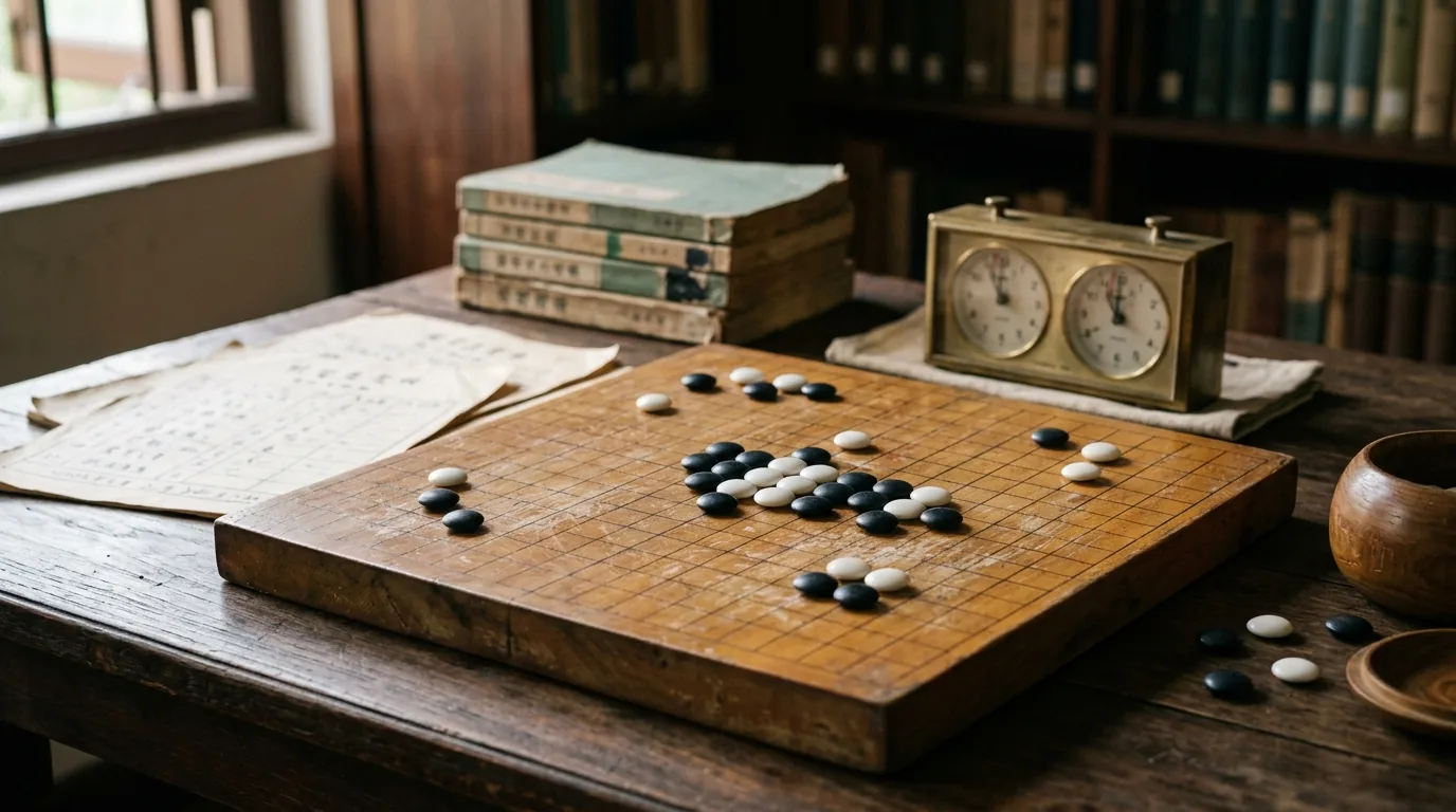 Archival still life with Go board and tournament papers